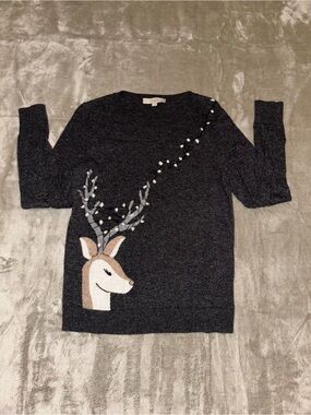 LOFT Dark Gray Knit Deer Crewneck Sweater M